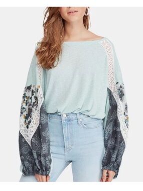 Free people light blue casual clash lace mixed print balloon sleeve top M
